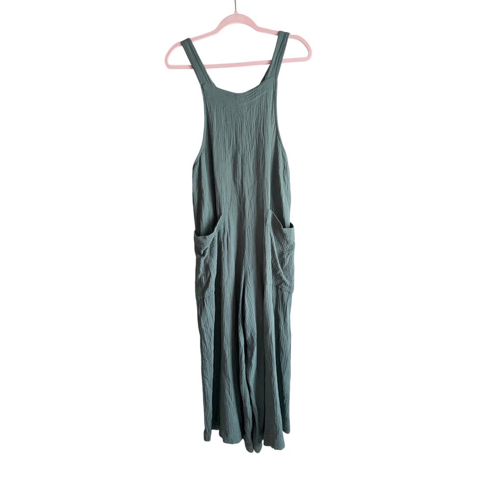 Elloh sage green boho jumpsuit overalls wide leg gauzy 100% cotton medium hippie